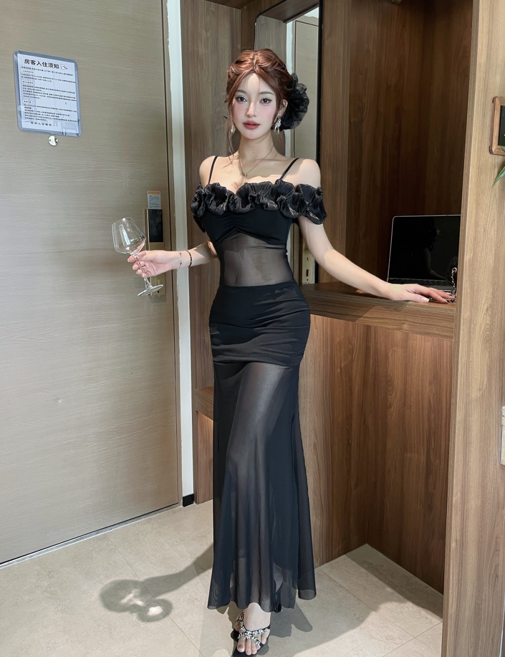Splice long sexy flowers sling translucent bottoming dress