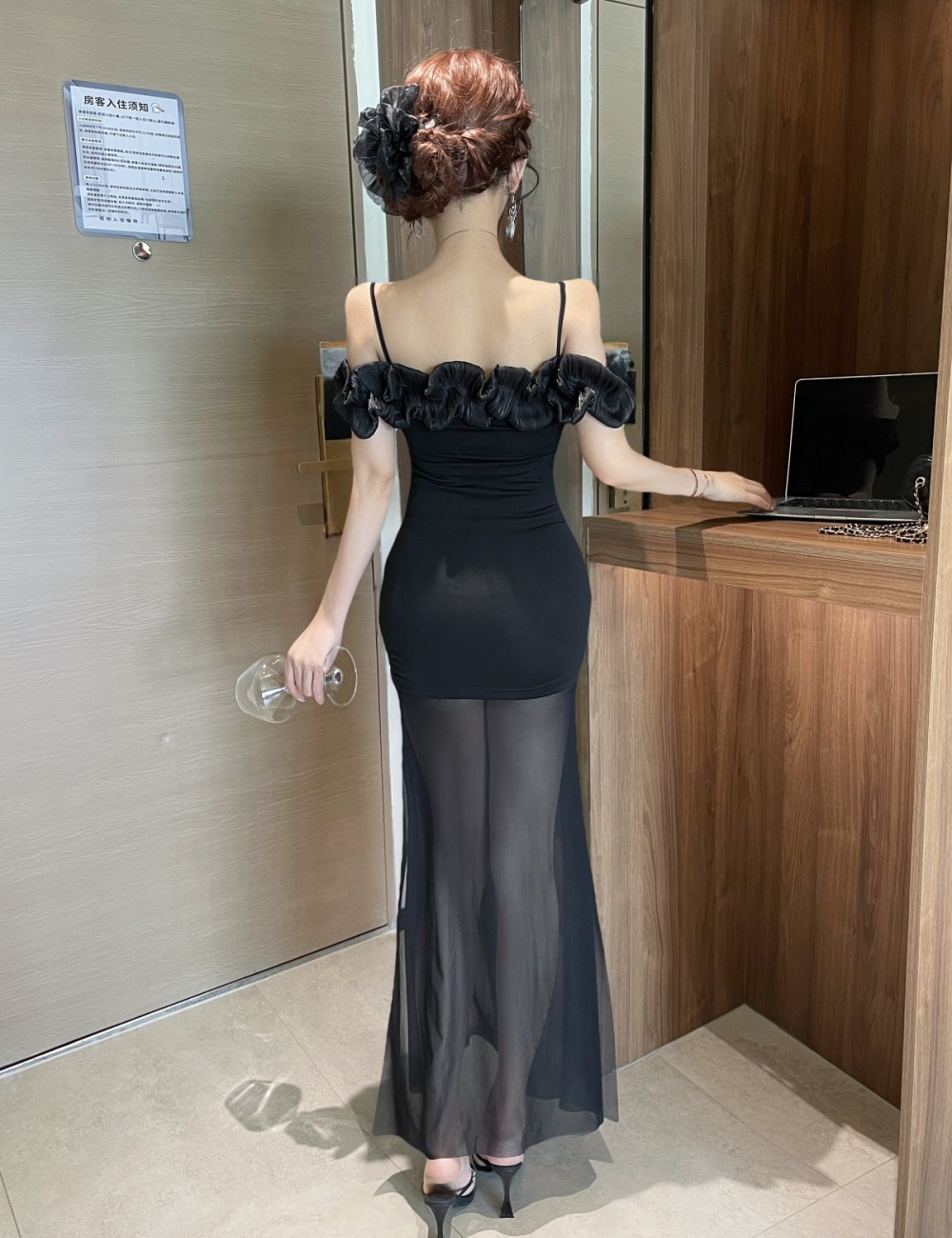 Splice long sexy flowers sling translucent bottoming dress