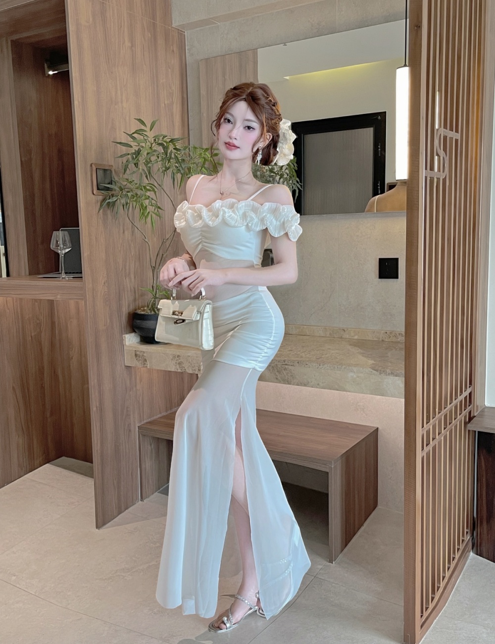 Splice long sexy flowers sling translucent bottoming dress