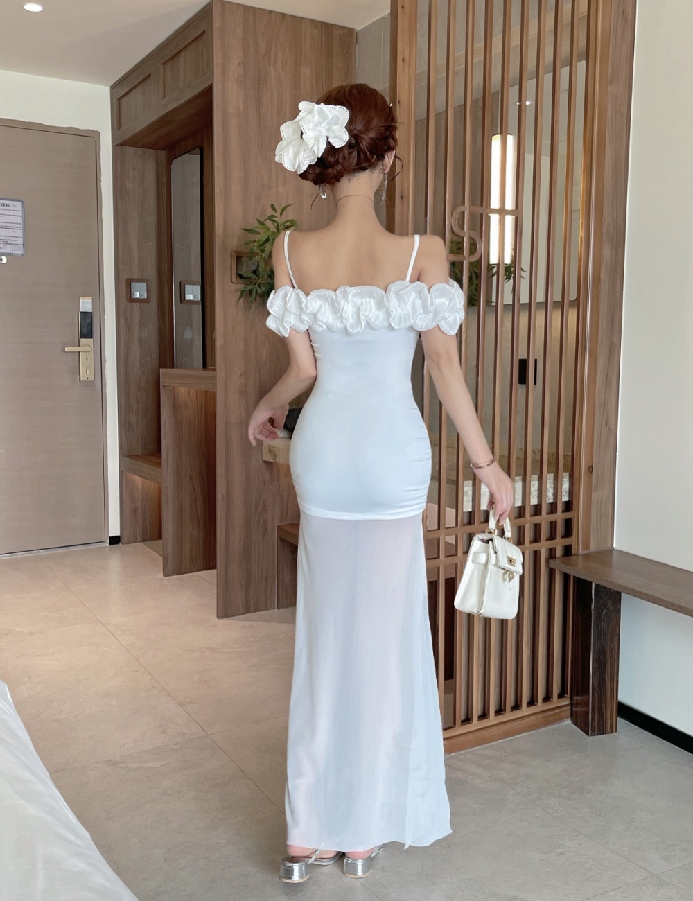 Splice long sexy flowers sling translucent bottoming dress