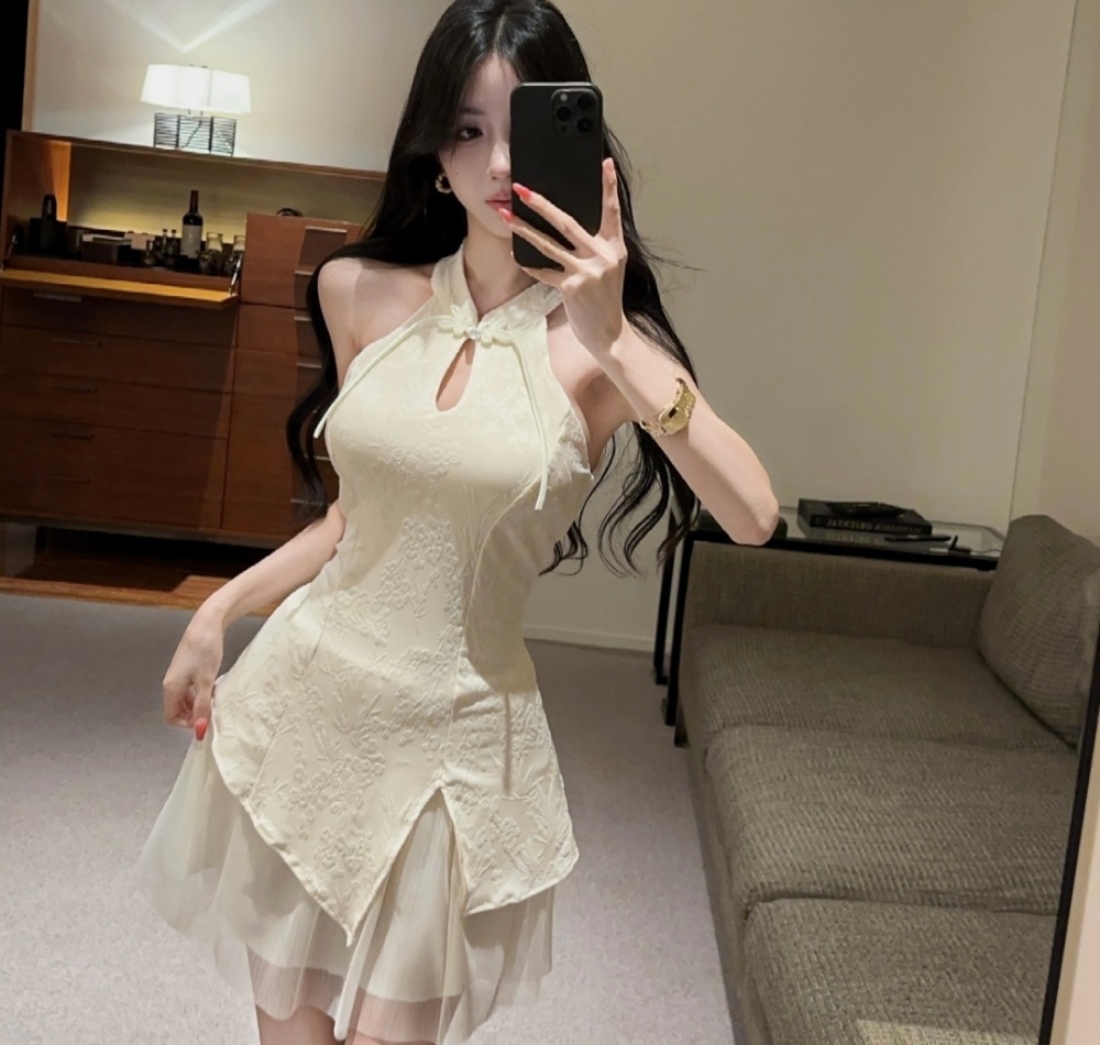 Slim hollow cheongsam tender short dress