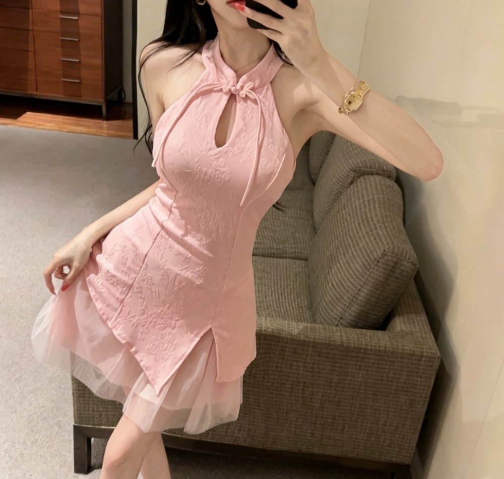 Slim hollow cheongsam tender short dress