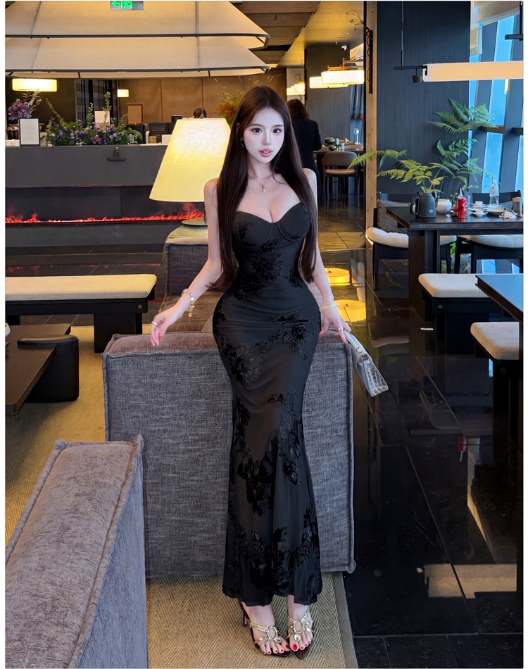 Halter pinched waist long dress France style dress for women