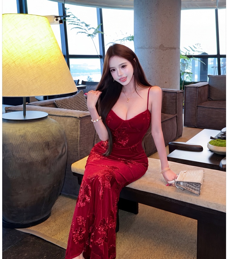 Halter pinched waist long dress France style dress for women
