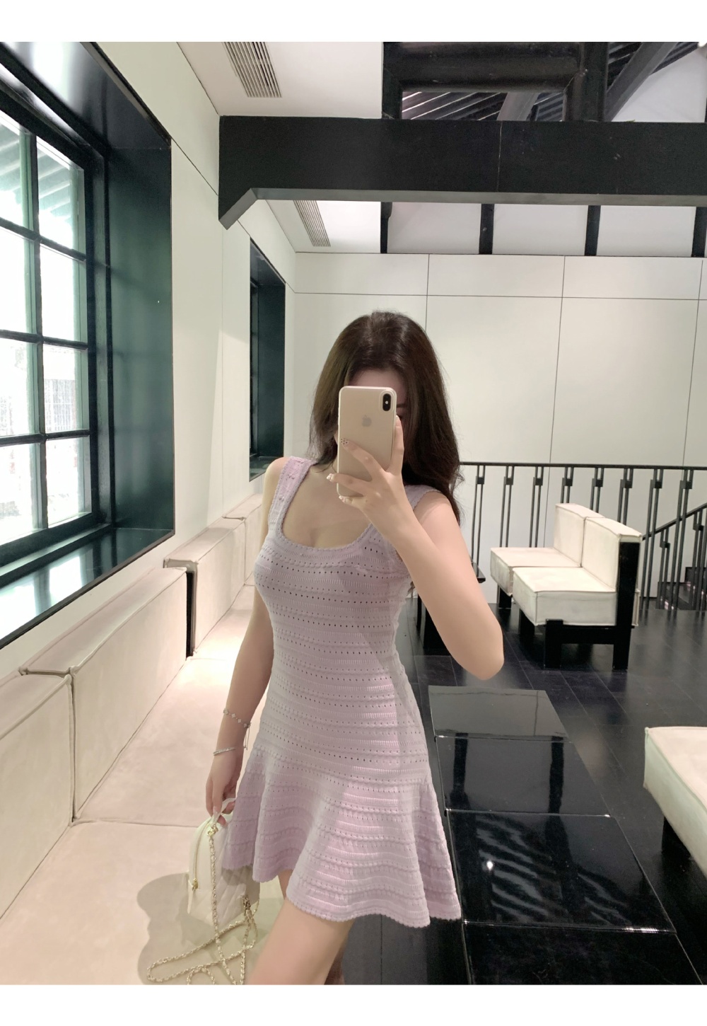 Knitted pinched waist T-back slim dress for women
