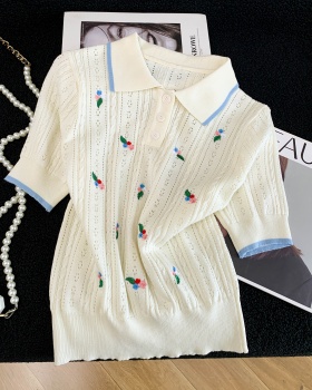 Lapel ice silk T-shirt thin knitted tops for women