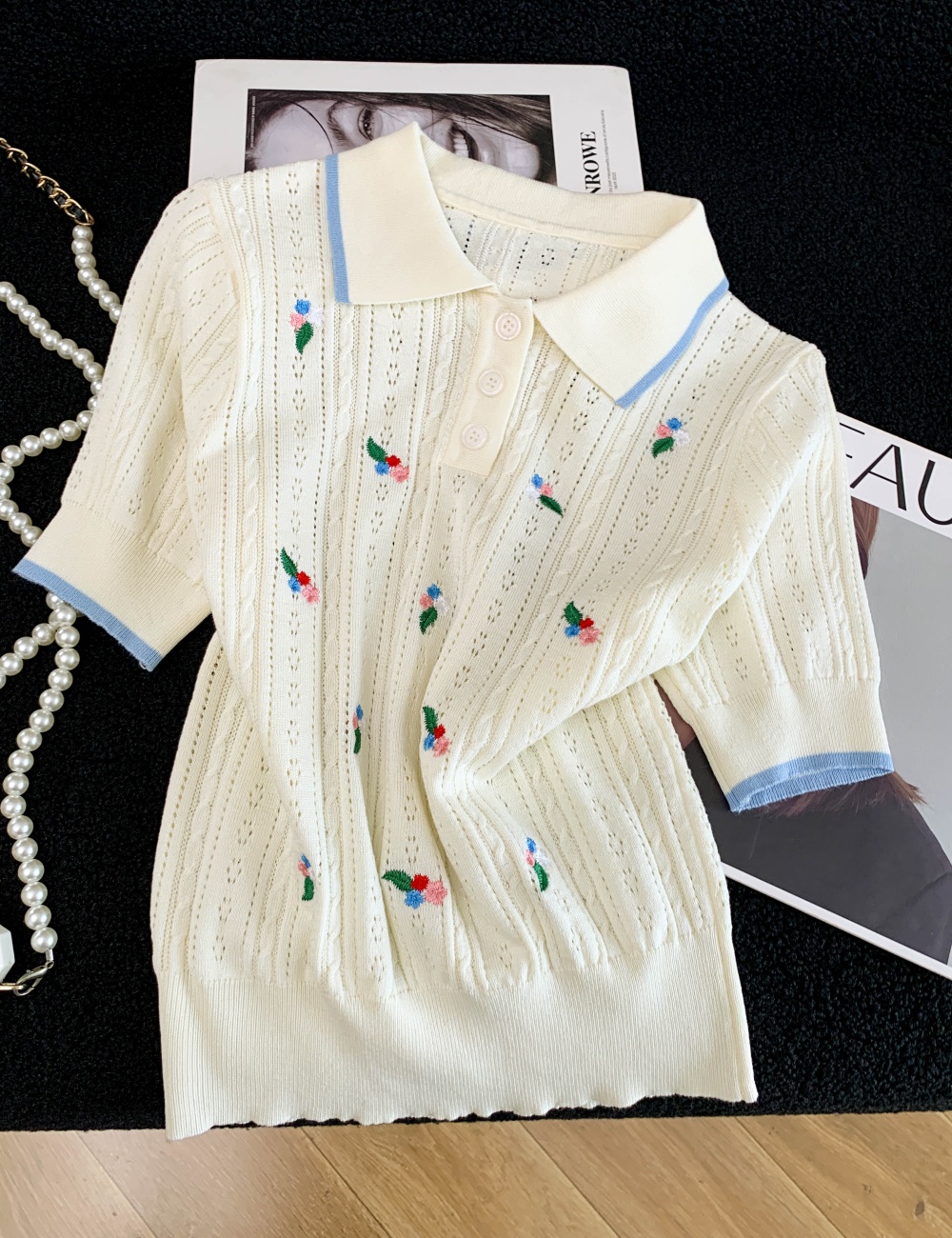 Lapel ice silk T-shirt thin knitted tops for women
