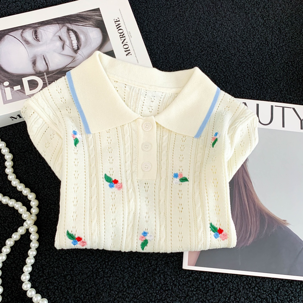 Lapel ice silk T-shirt thin knitted tops for women