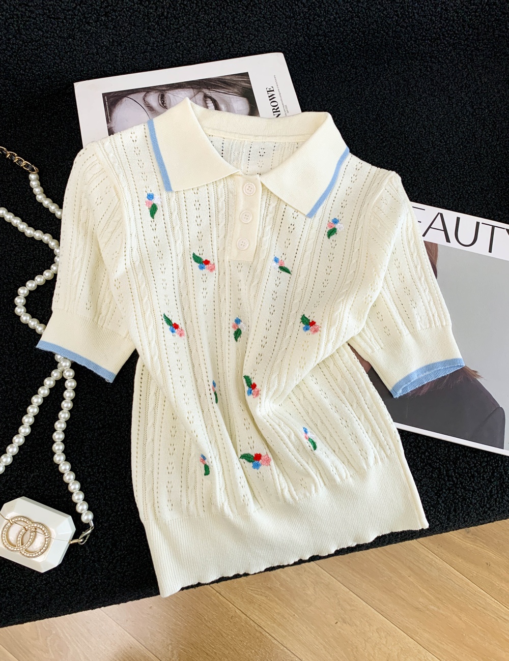 Lapel ice silk T-shirt thin knitted tops for women