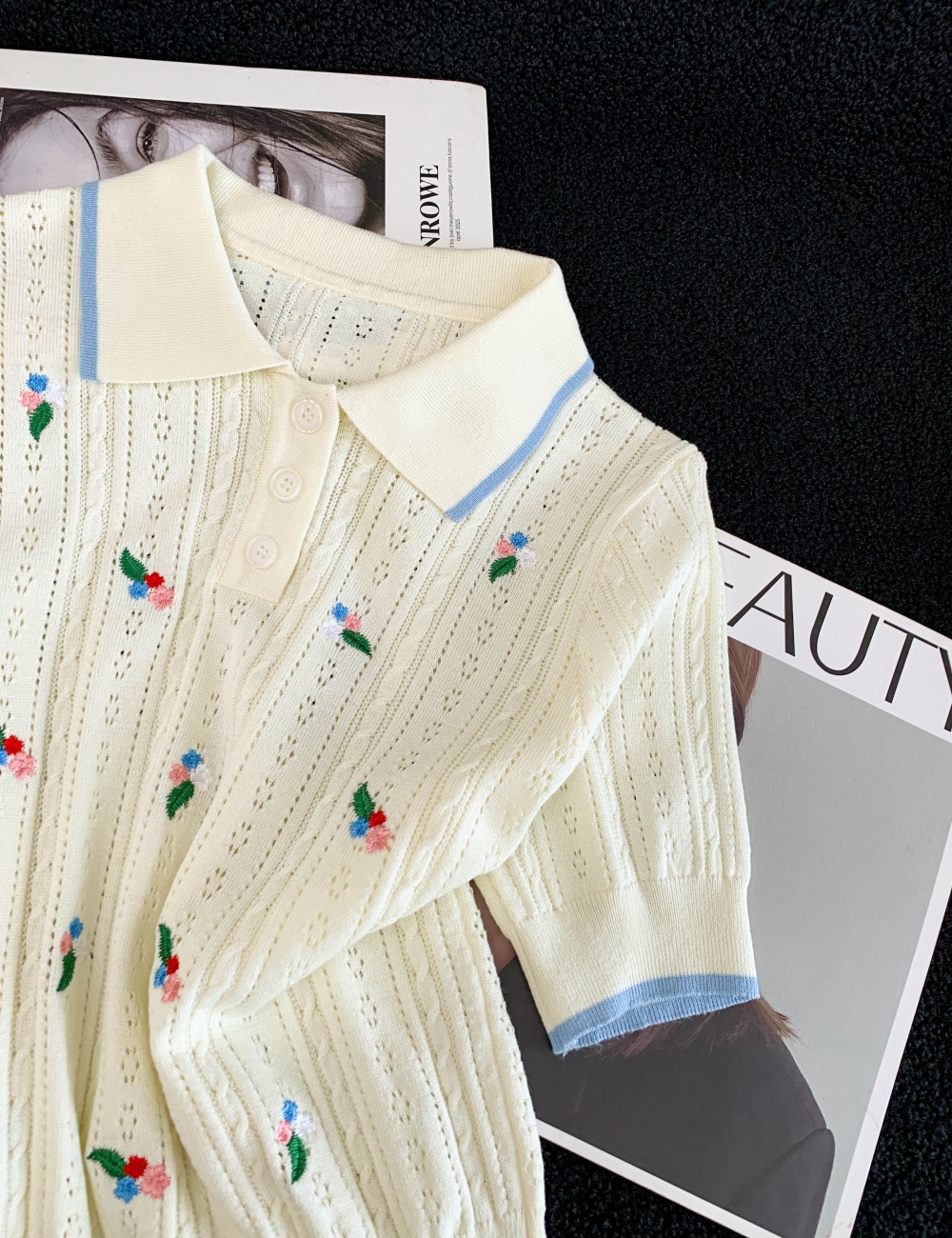 Lapel ice silk T-shirt thin knitted tops for women