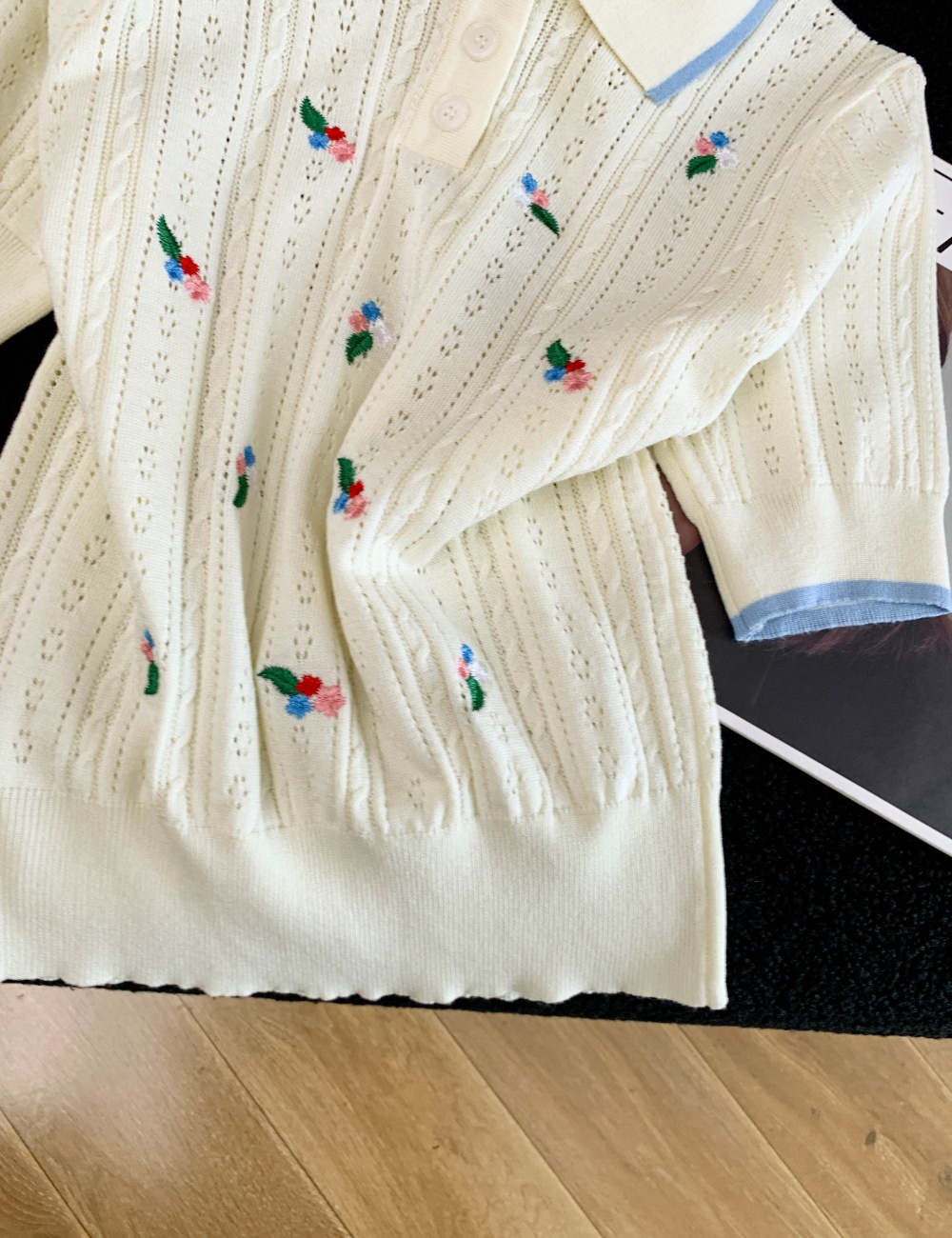 Lapel ice silk T-shirt thin knitted tops for women