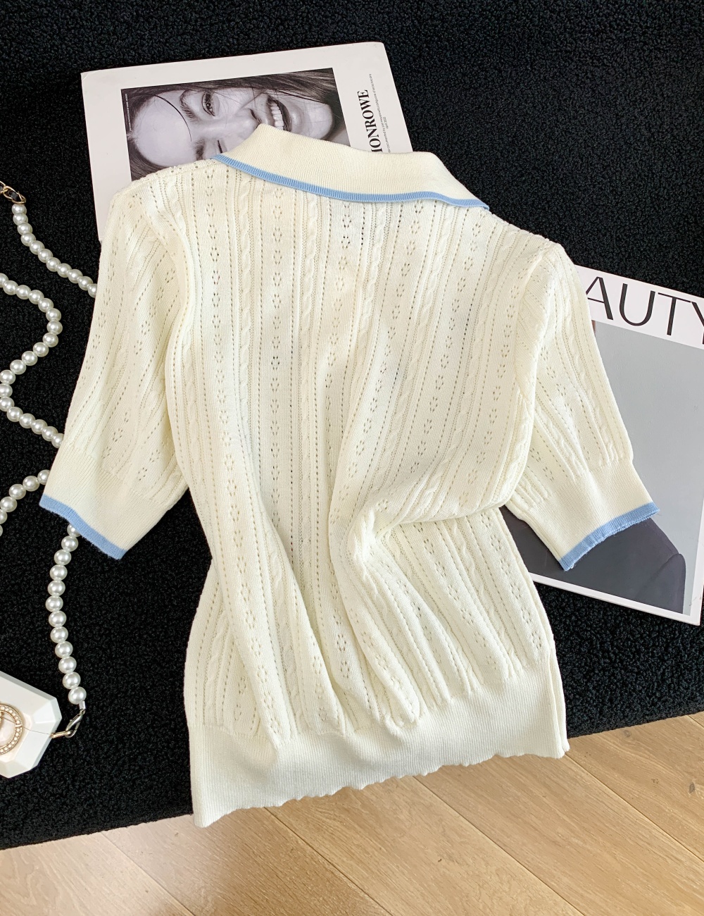 Lapel ice silk T-shirt thin knitted tops for women