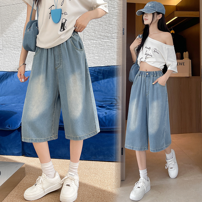 Thin high waist slim cropped pants summer drape short jeans