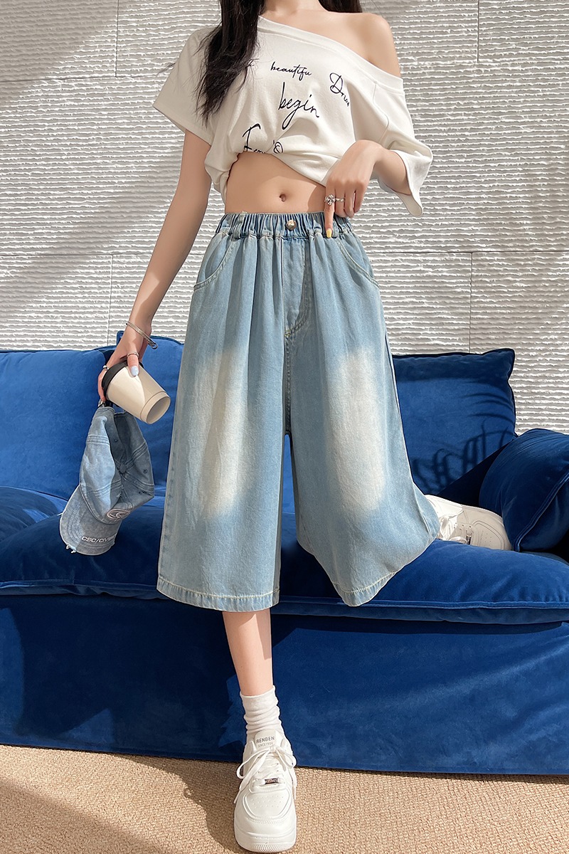 Thin high waist slim cropped pants summer drape short jeans