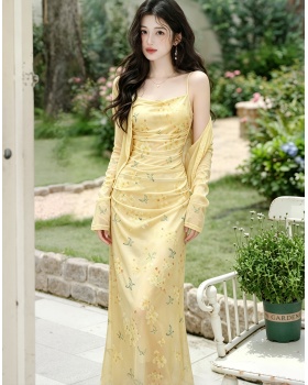 Refreshing strap dress yellow coat 2pcs set