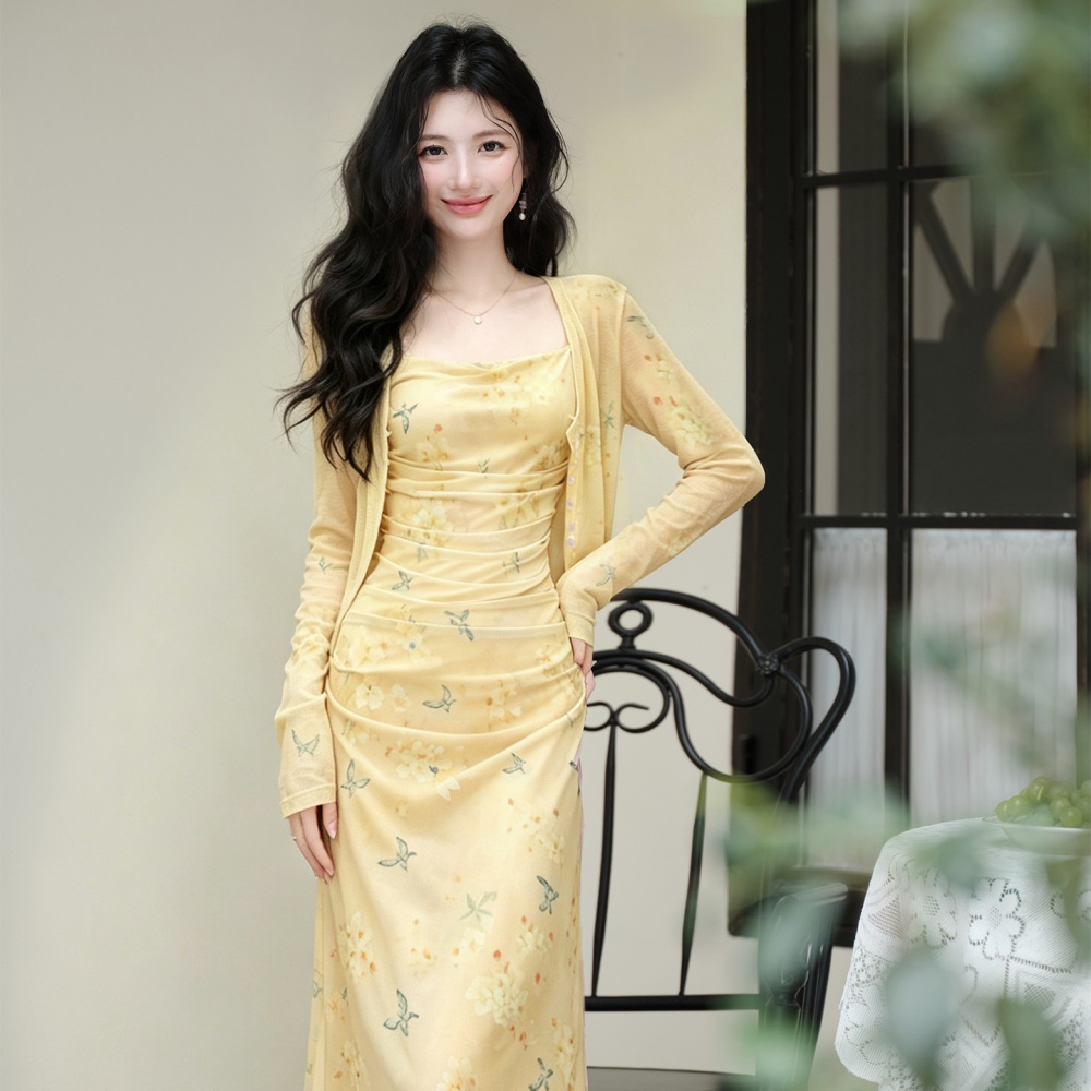 Refreshing strap dress yellow coat 2pcs set