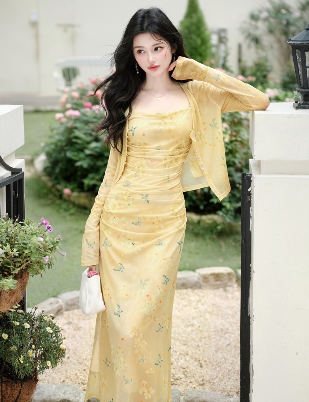 Refreshing strap dress yellow coat 2pcs set
