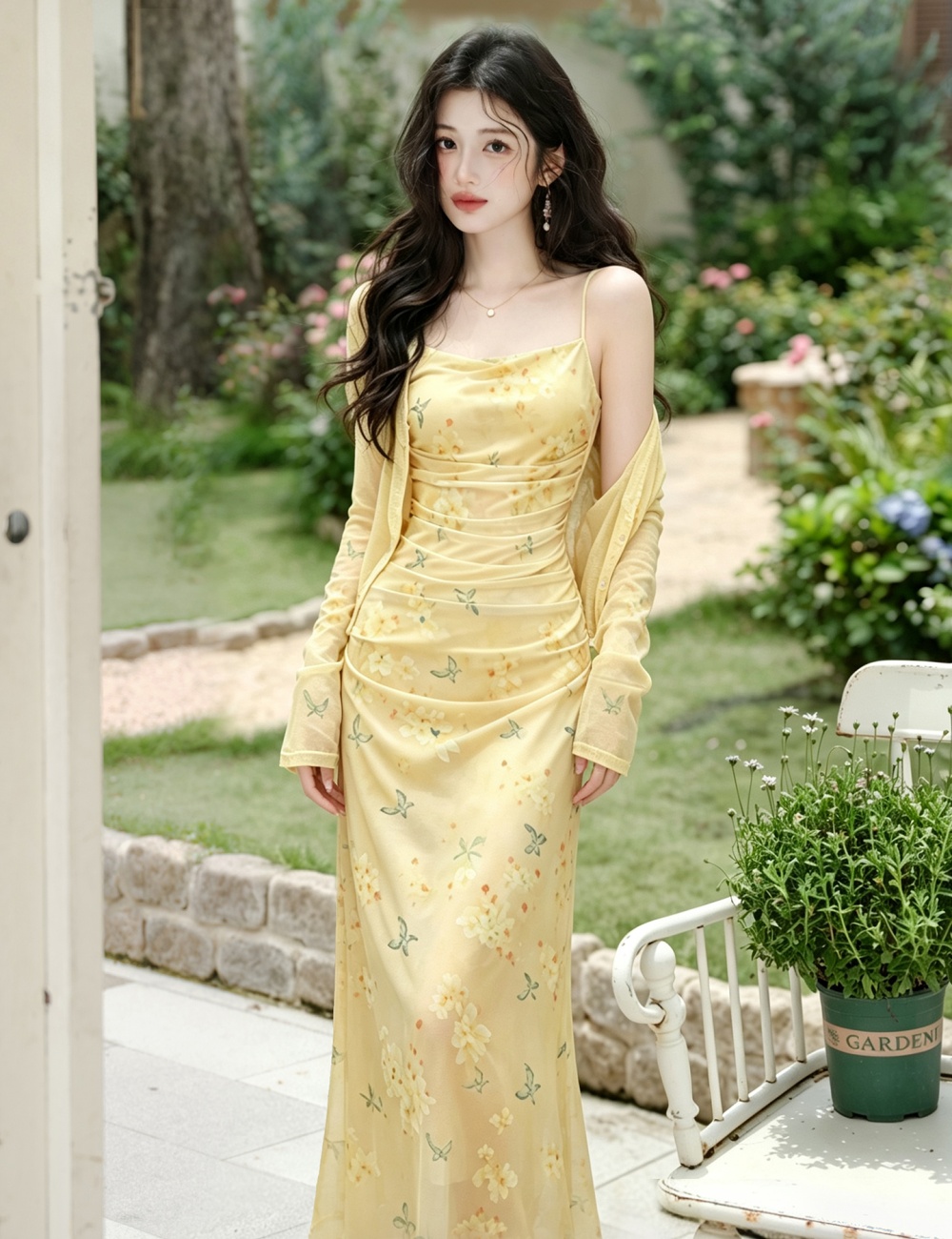 Refreshing strap dress yellow coat 2pcs set