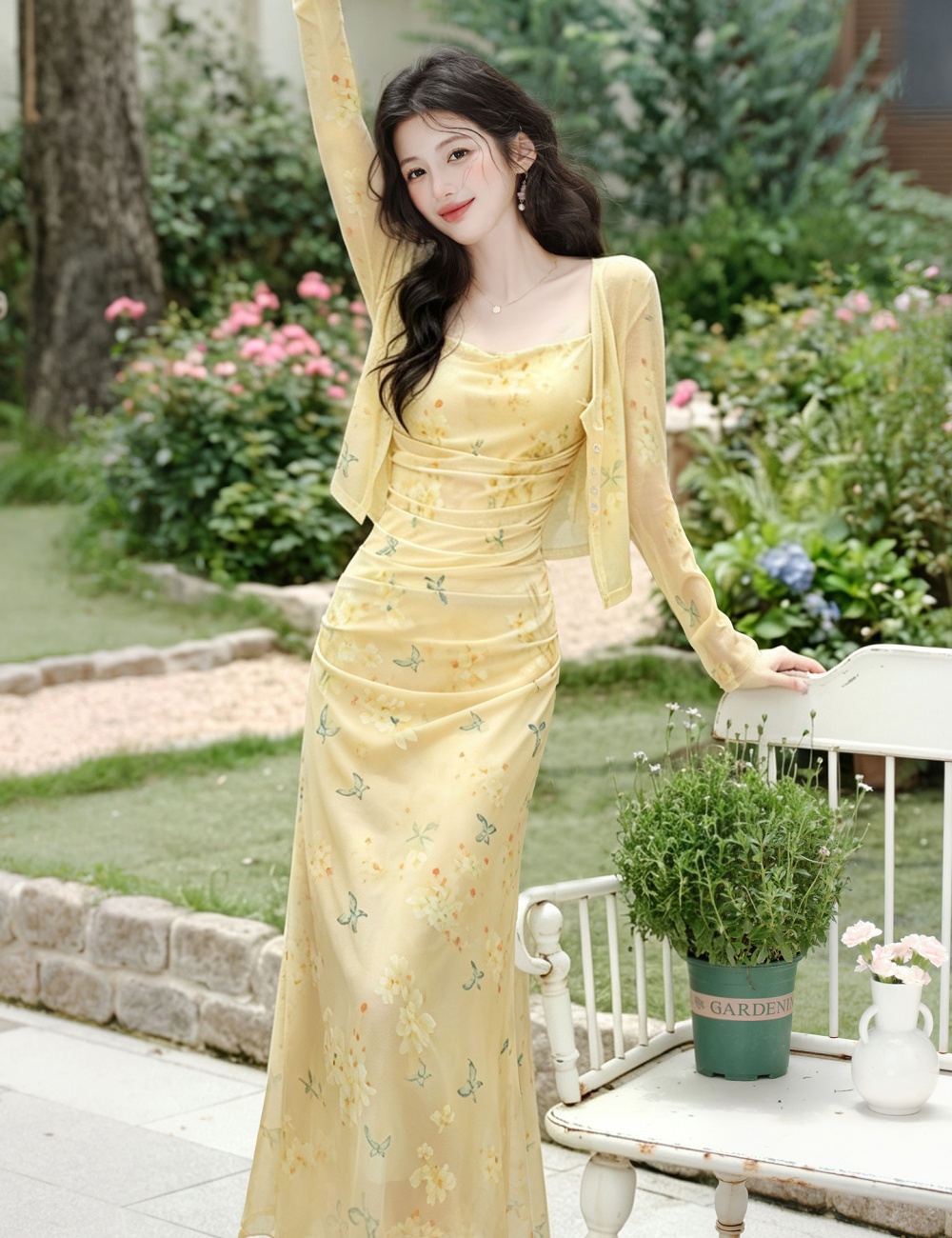 Refreshing strap dress yellow coat 2pcs set