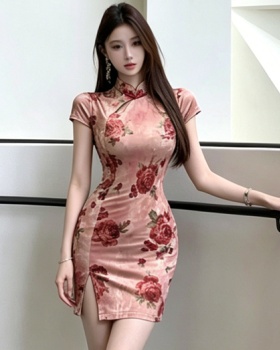 Printing slim cheongsam split velvet dress