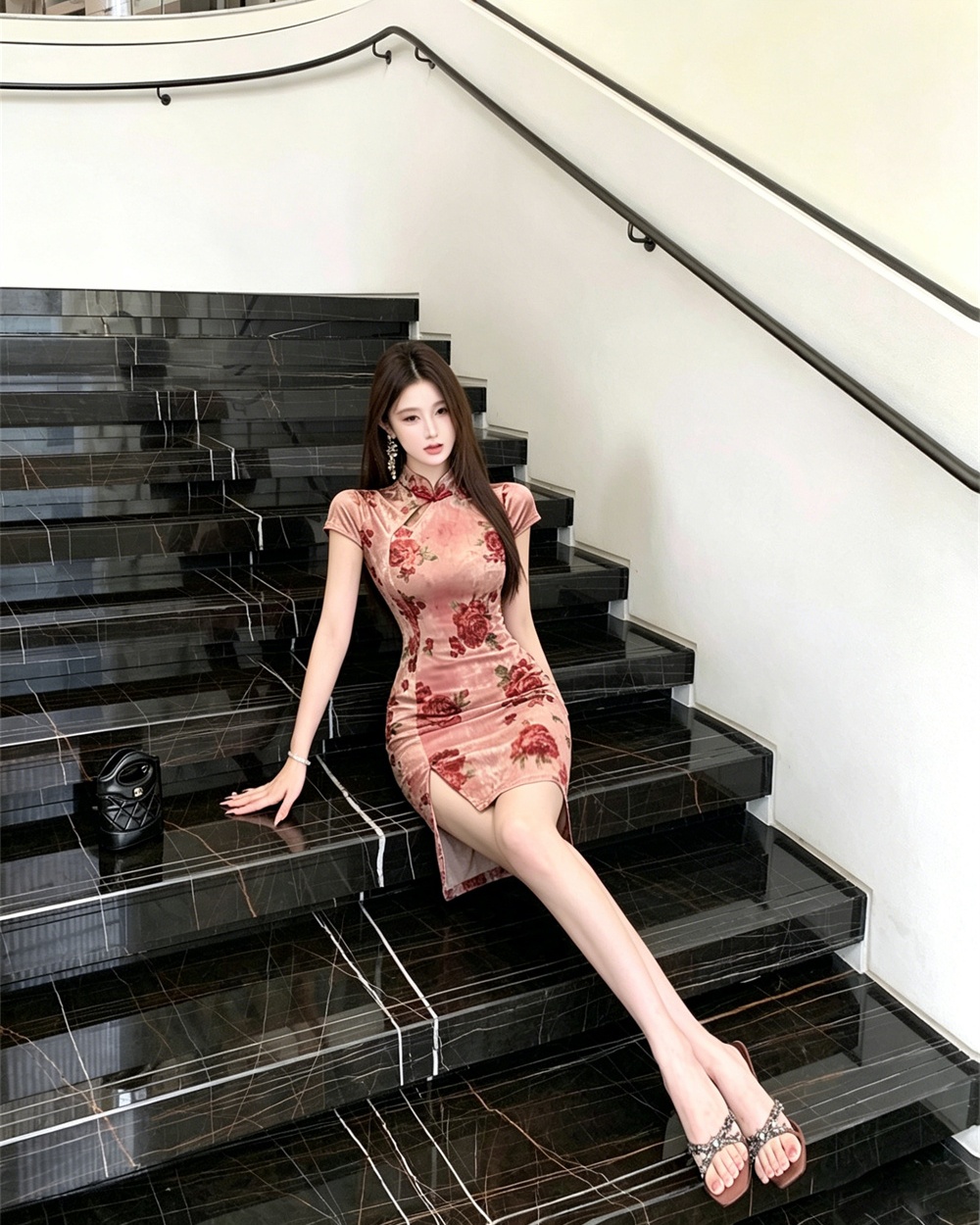 Printing slim cheongsam split velvet dress