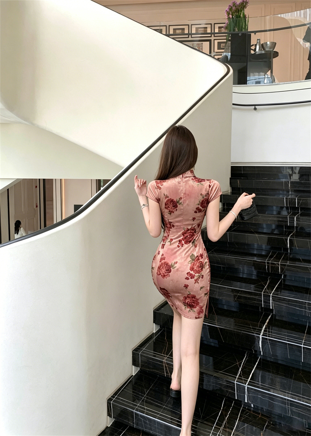 Printing slim cheongsam split velvet dress