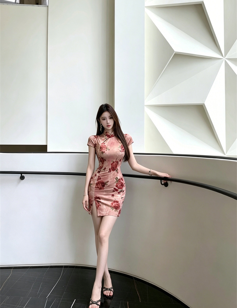Printing slim cheongsam split velvet dress