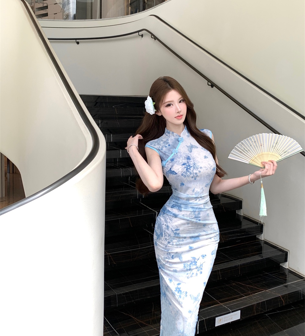 Retro slim flocking summer dress
