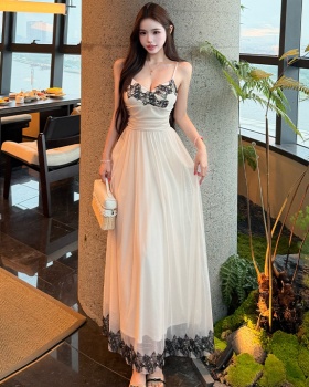 France style pinched waist strap dress lace splice dress