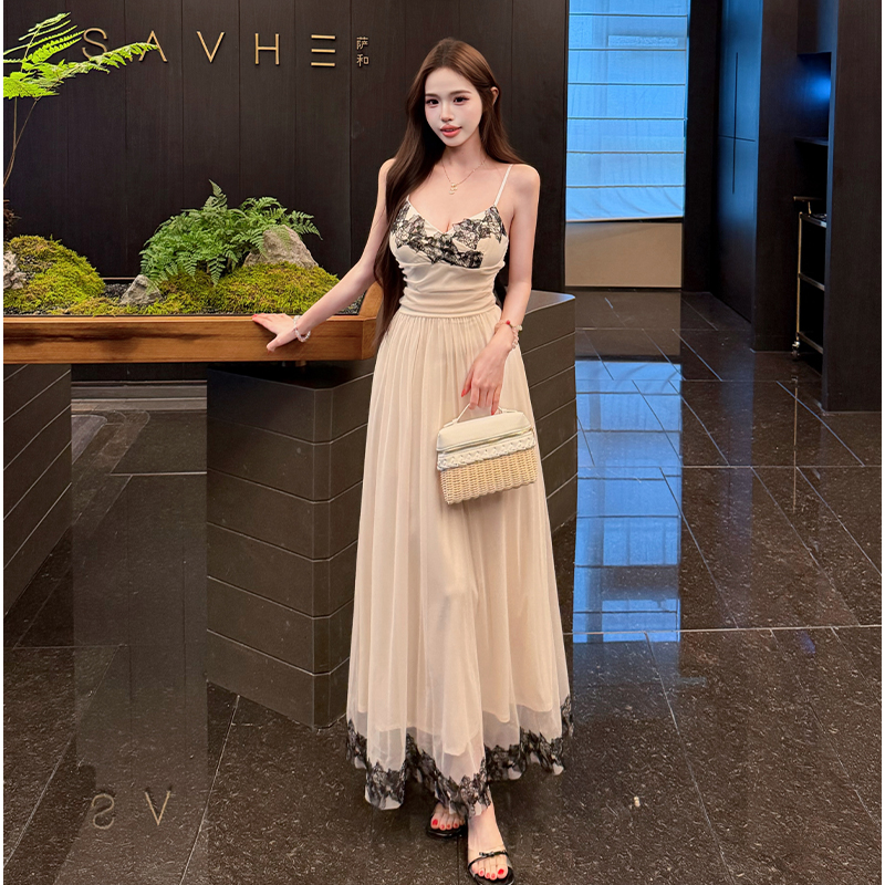 France style pinched waist strap dress lace splice dress