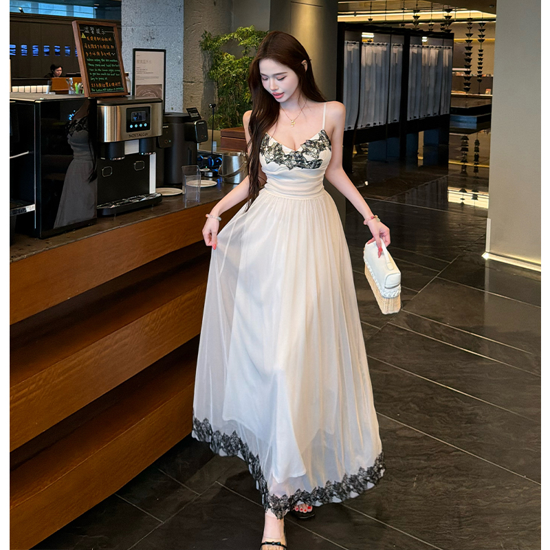 France style pinched waist strap dress lace splice dress