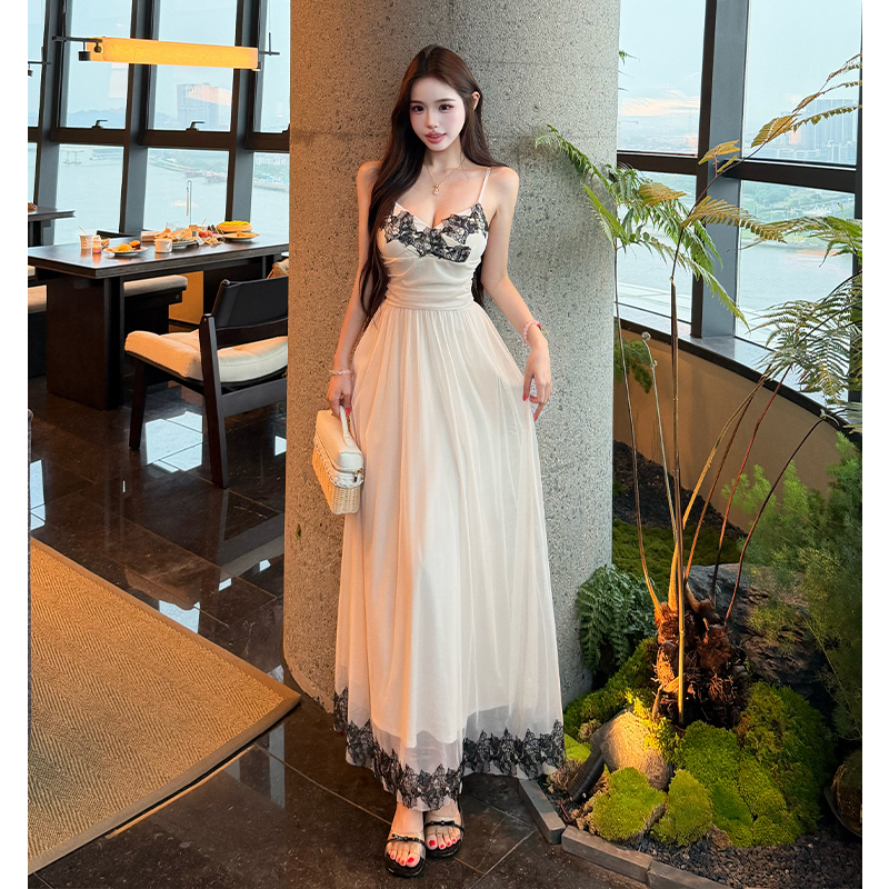 France style pinched waist strap dress lace splice dress