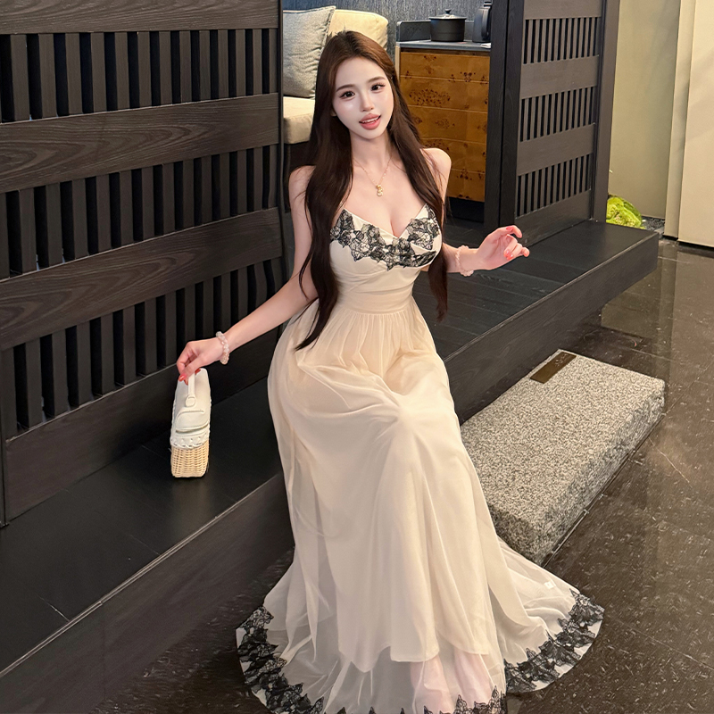 France style pinched waist strap dress lace splice dress
