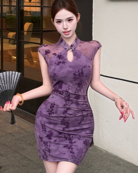 Cstand collar purple cheongsam summer dress for women