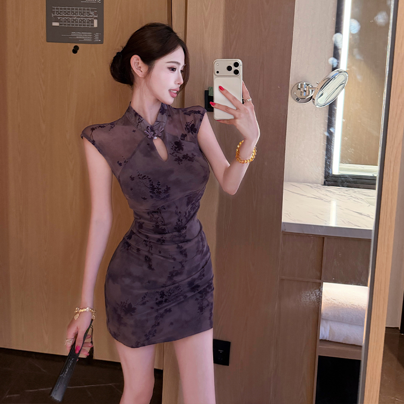 Cstand collar purple cheongsam summer dress for women
