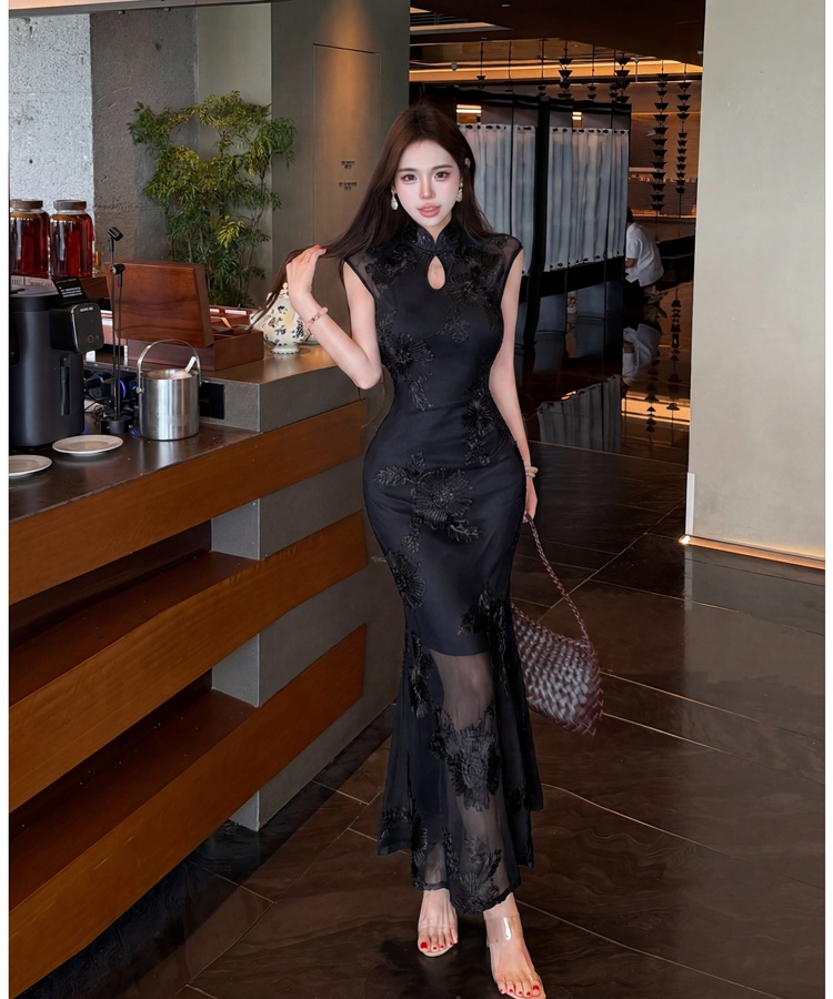 Chinese style cheongsam cstand collar long dress for women