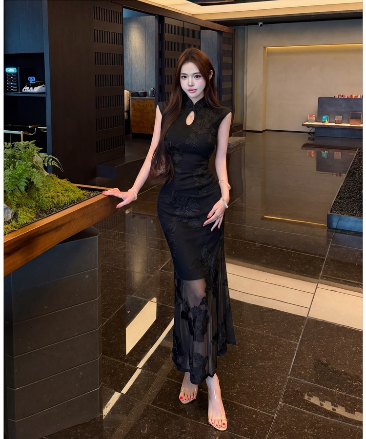 Chinese style cheongsam cstand collar long dress for women
