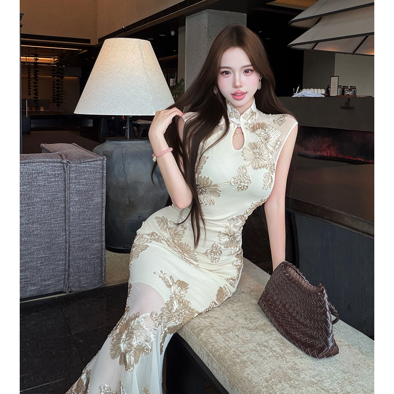 Chinese style cheongsam cstand collar long dress for women