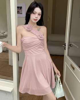 Stereoscopic wear formal dress flat shoulder flowers dress