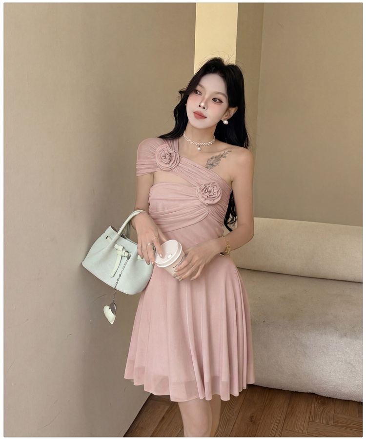 Stereoscopic wear formal dress flat shoulder flowers dress