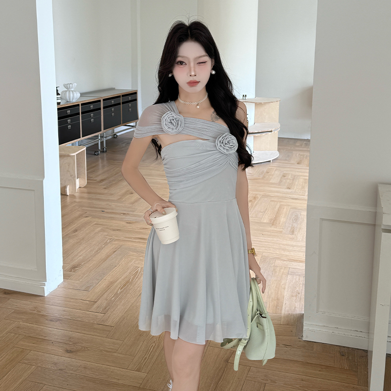 Stereoscopic wear formal dress flat shoulder flowers dress