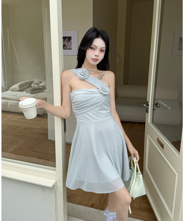 Stereoscopic wear formal dress flat shoulder flowers dress