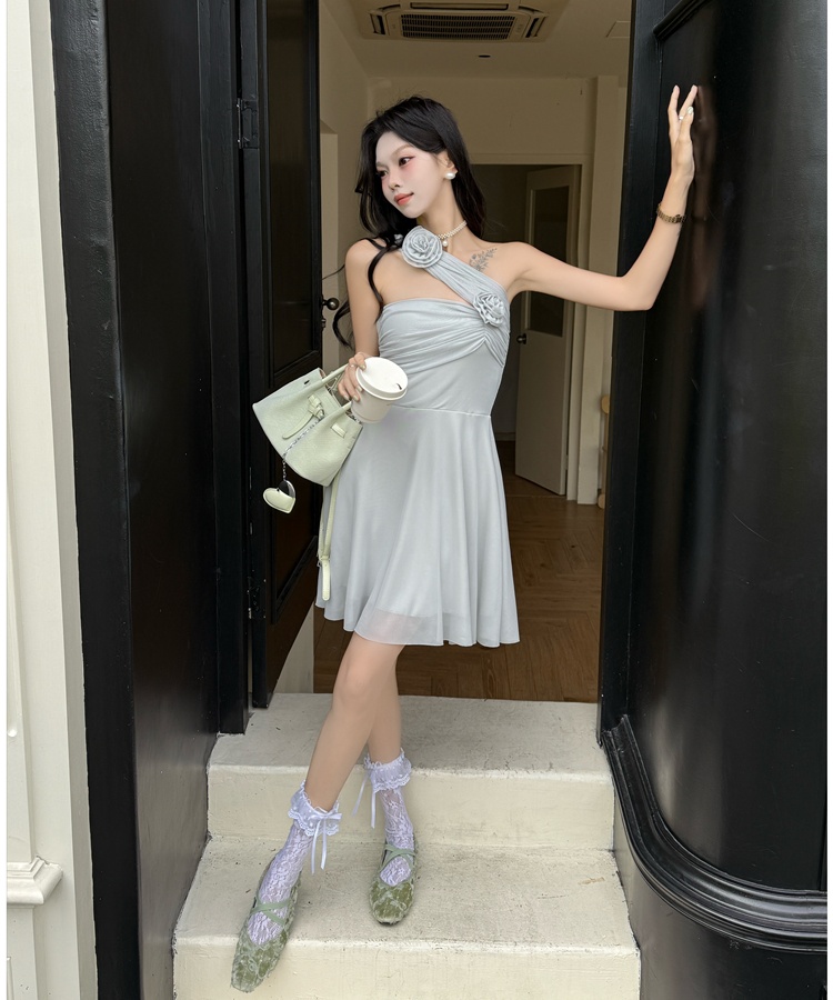 Stereoscopic wear formal dress flat shoulder flowers dress
