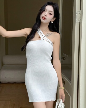Package hip pinched waist hollow oblique collar dress