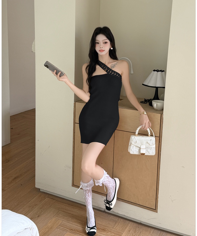 Package hip pinched waist hollow oblique collar dress