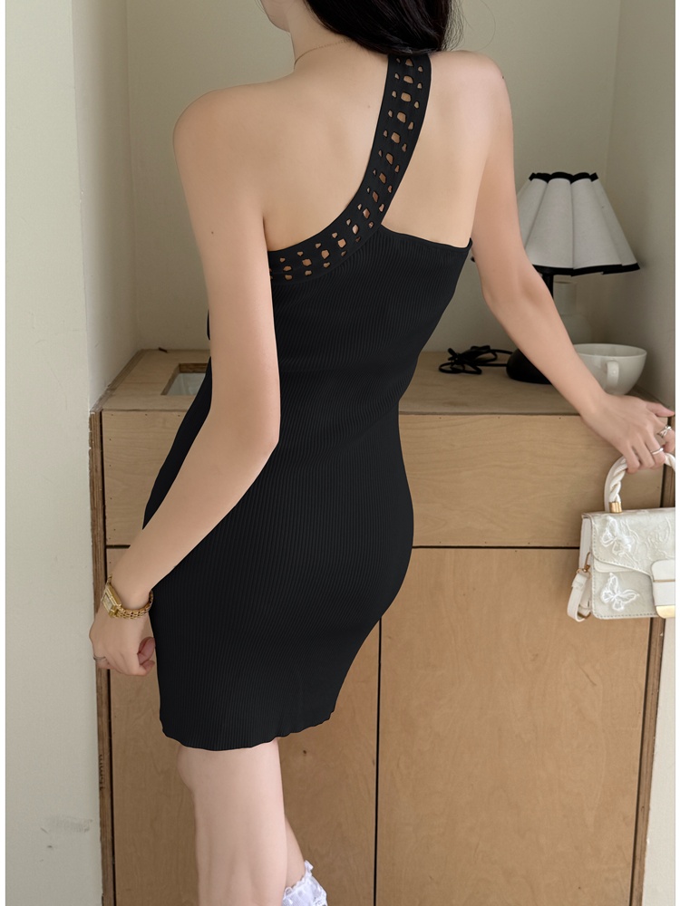 Package hip pinched waist hollow oblique collar dress