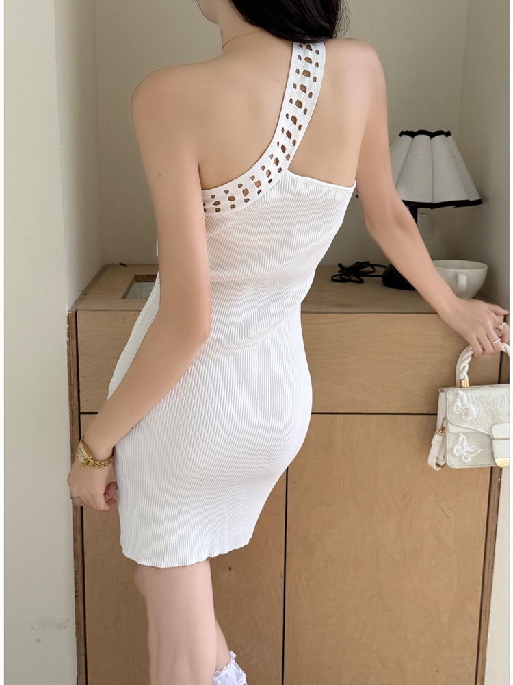 Package hip pinched waist hollow oblique collar dress