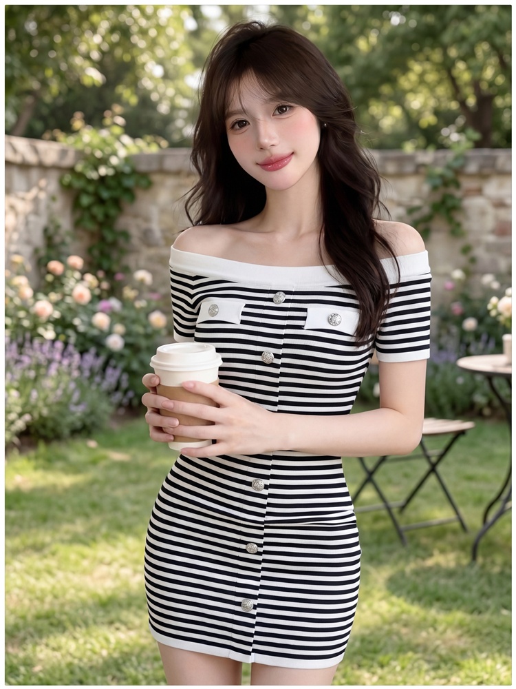 Horizontal collar stripe slim dress for women
