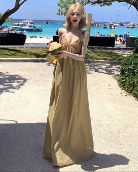 Sling sequins V-neck dress sexy splice long dress for women