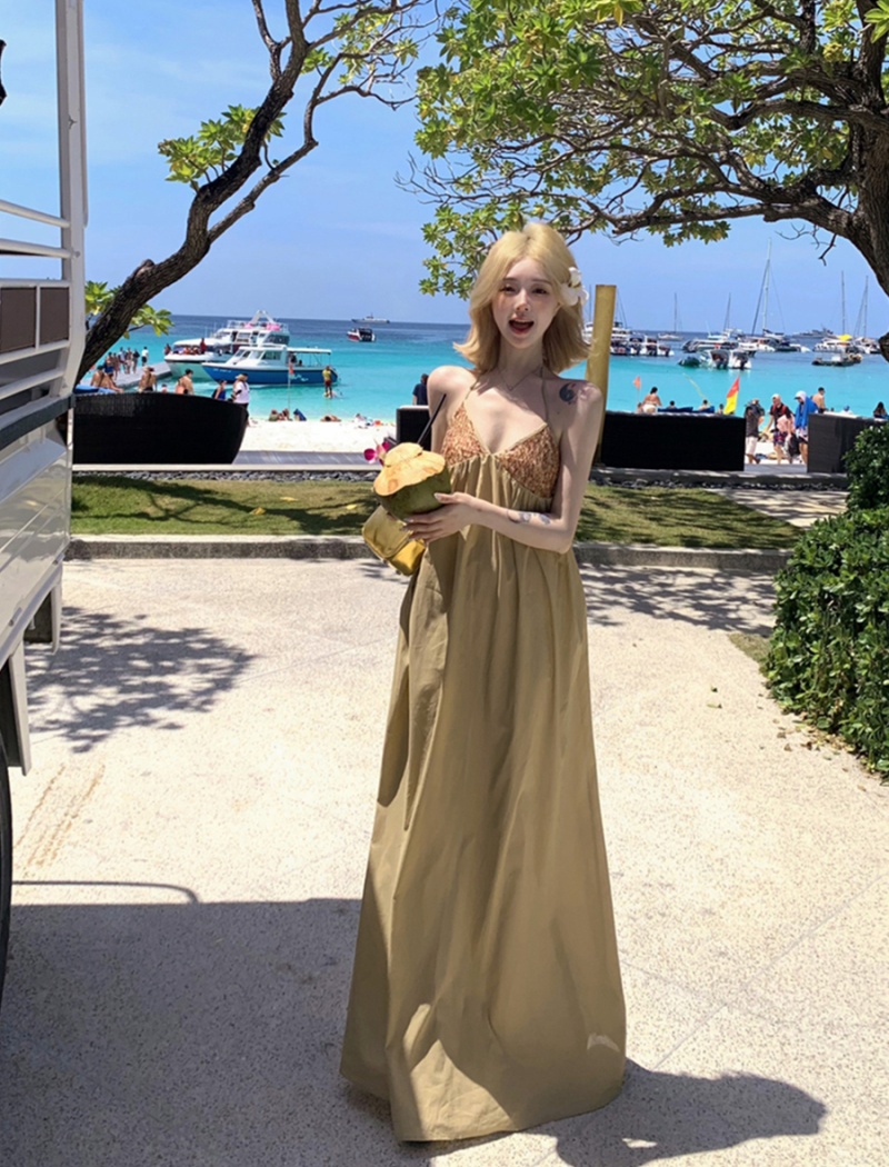 Sling sequins V-neck dress sexy splice long dress for women